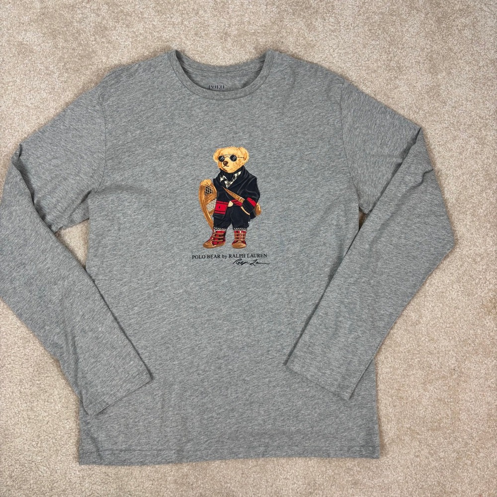 Polo Ralph Lauren Mens Polo Bear Snowshoeing Long Sleeve T-Shirt Grey Medium